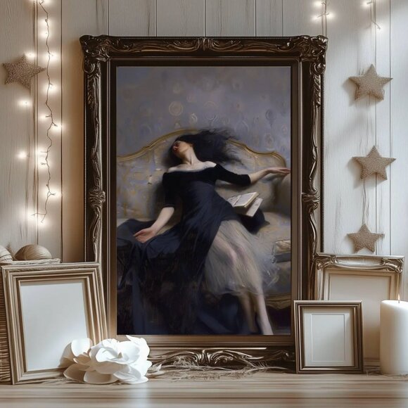 Original Dark Literary Art Print + Digital Copy Vintage Black Dress Painting - Picture 3 of 11